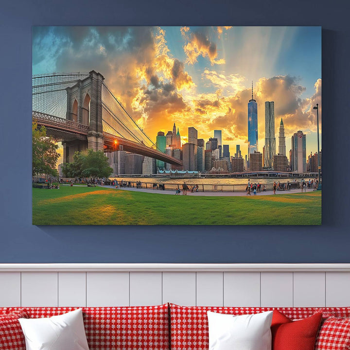 The "Brooklyn Bridge New York Skyline Wall Art" is a ready-to-hang framed canvas print that beautifully captures the cityscape at sunset, showcasing the iconic Brooklyn Bridge and majestic skyscrapers.