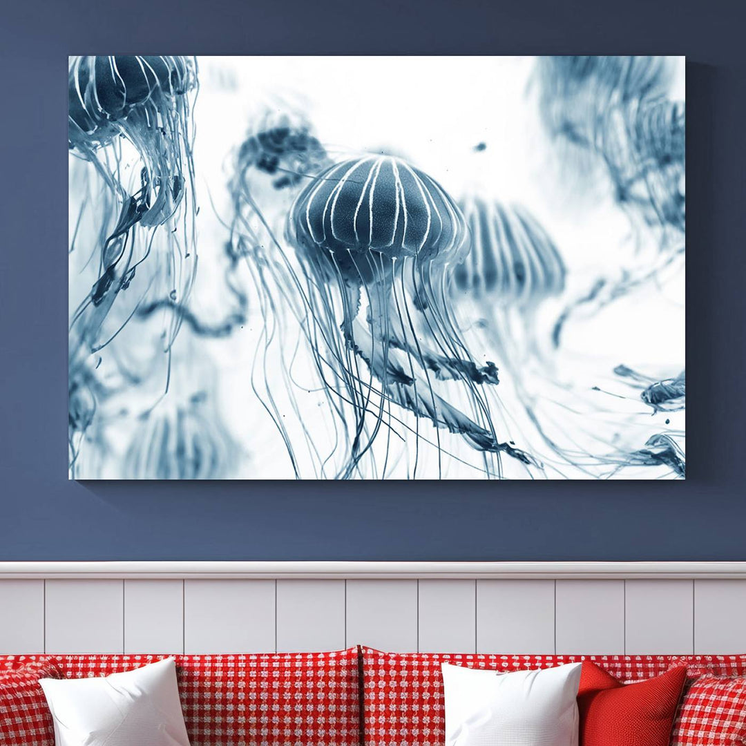 The "Abstract Jellyfish Wall Art Canvas Print" in high resolution is beautifully displayed as a triptych on a dark wall. Experience museum-quality canvas and enjoy free shipping with this stunning piece.