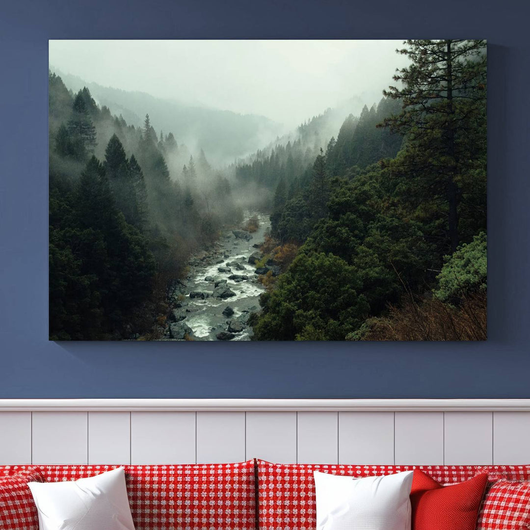 Misty Forest Wall Art | Ready to Hang and Framed | Tranquil Nature Landscape for Living Room or Cabin Wall Decor