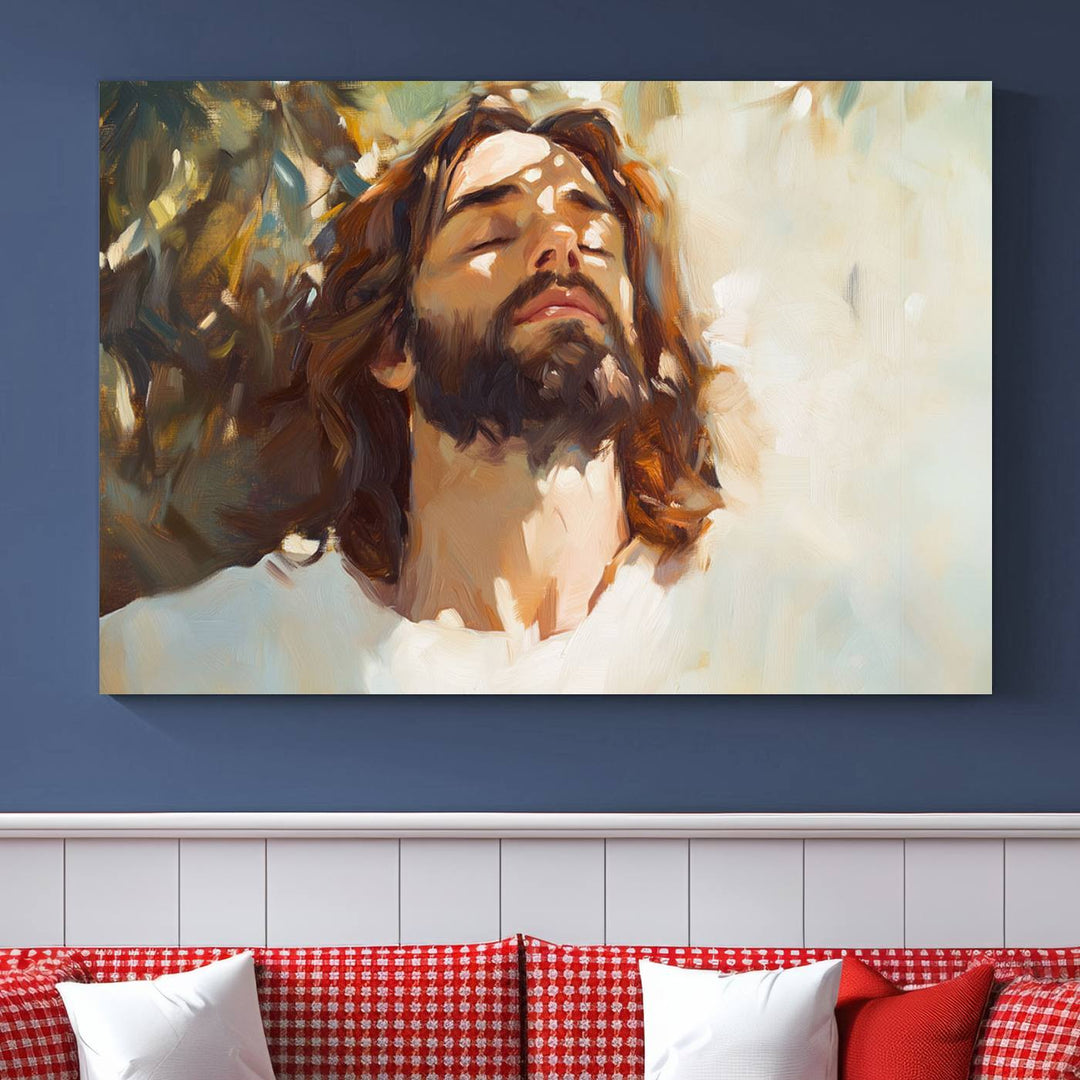 The Jesus Portrait Wall Art Canvas Print features a depiction of Jesus Christ with closed eyes, basking in sunlight. His expression exudes a peaceful, spiritual atmosphere against a blurred background.