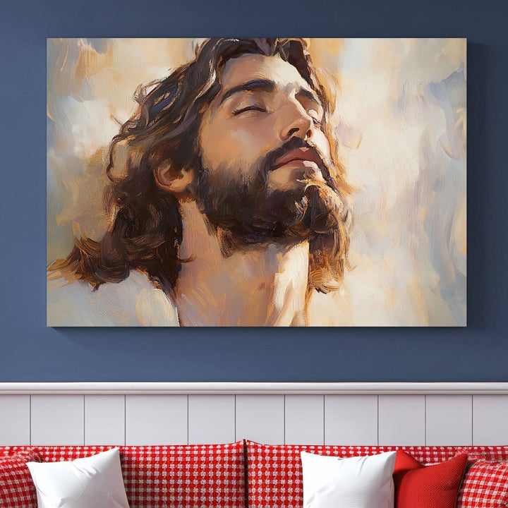 This museum-quality canvas print, titled "Jesus Portrait," features an oil painting style depiction of Jesus Christ with a closed-eyed expression. The high-resolution printing captures every detail beautifully.