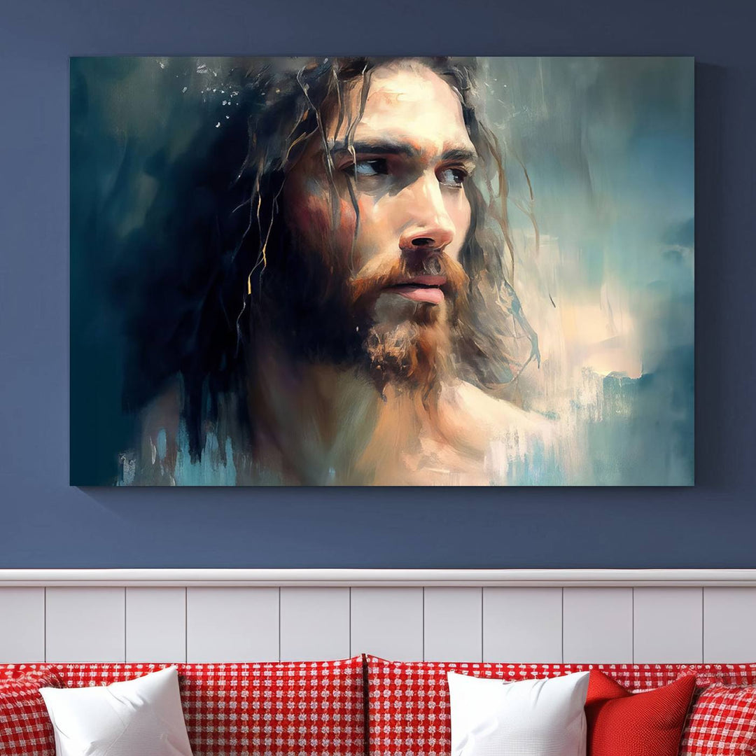 The Jesus Portrait Wall Art Canvas Print, featuring a depiction of a man with long hair and a beard, is showcased on a wooden wall. This Christian Wall Art is rendered on museum-quality canvas, highlighting the mastery of high-resolution printing in an oil painting style.