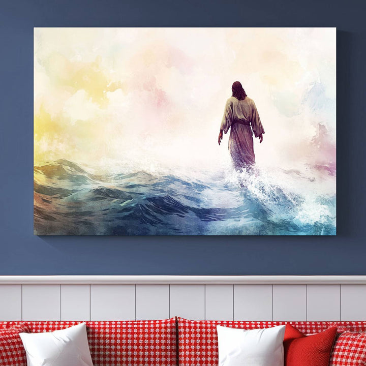 Watercolor Jesus Walking on Water Canvas Print, Christian Wall Art, Jesus Christ Walking