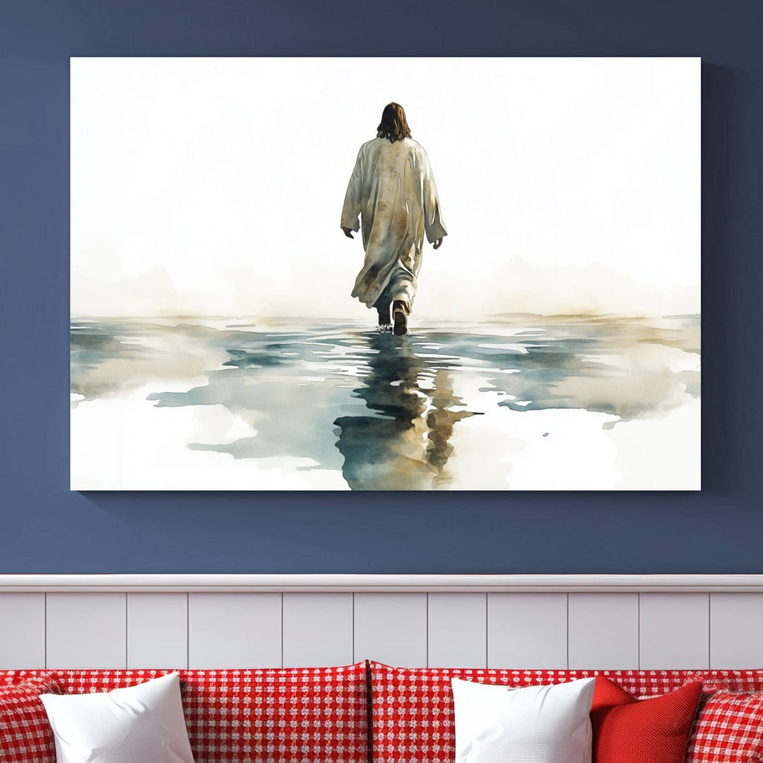 The "Watercolor Jesus Walking on Water Canvas Print" is a breathtaking piece of religious home decor that captures Jesus walking on water in beautiful detail. This Christian wall art hangs gracefully, showcasing its artistic beauty.