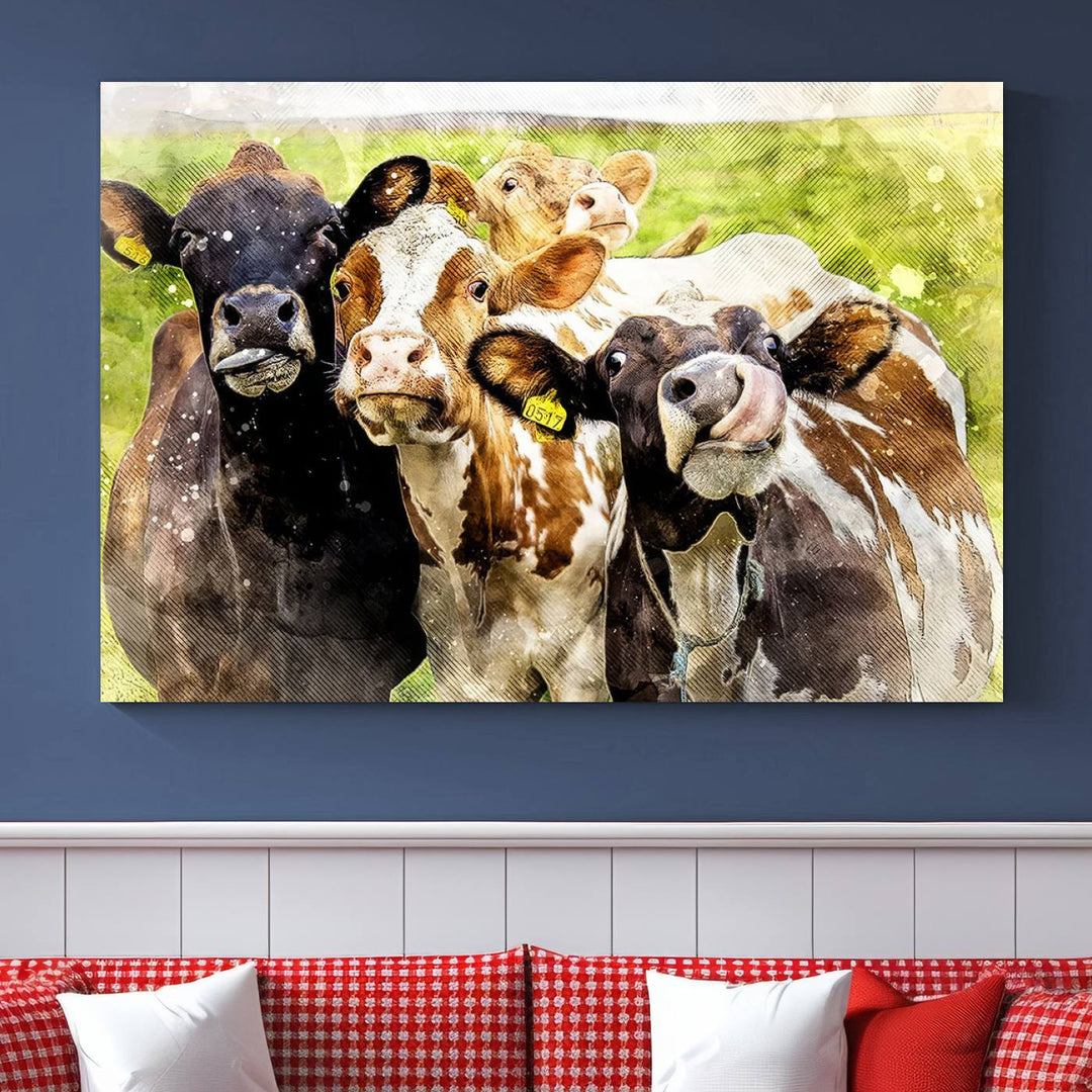 A charming triptych featuring the "Curious Cows Farmhouse Wall Art," a ready-to-hang and framed canvas print, adds a touch of rustic farm decor to the space.