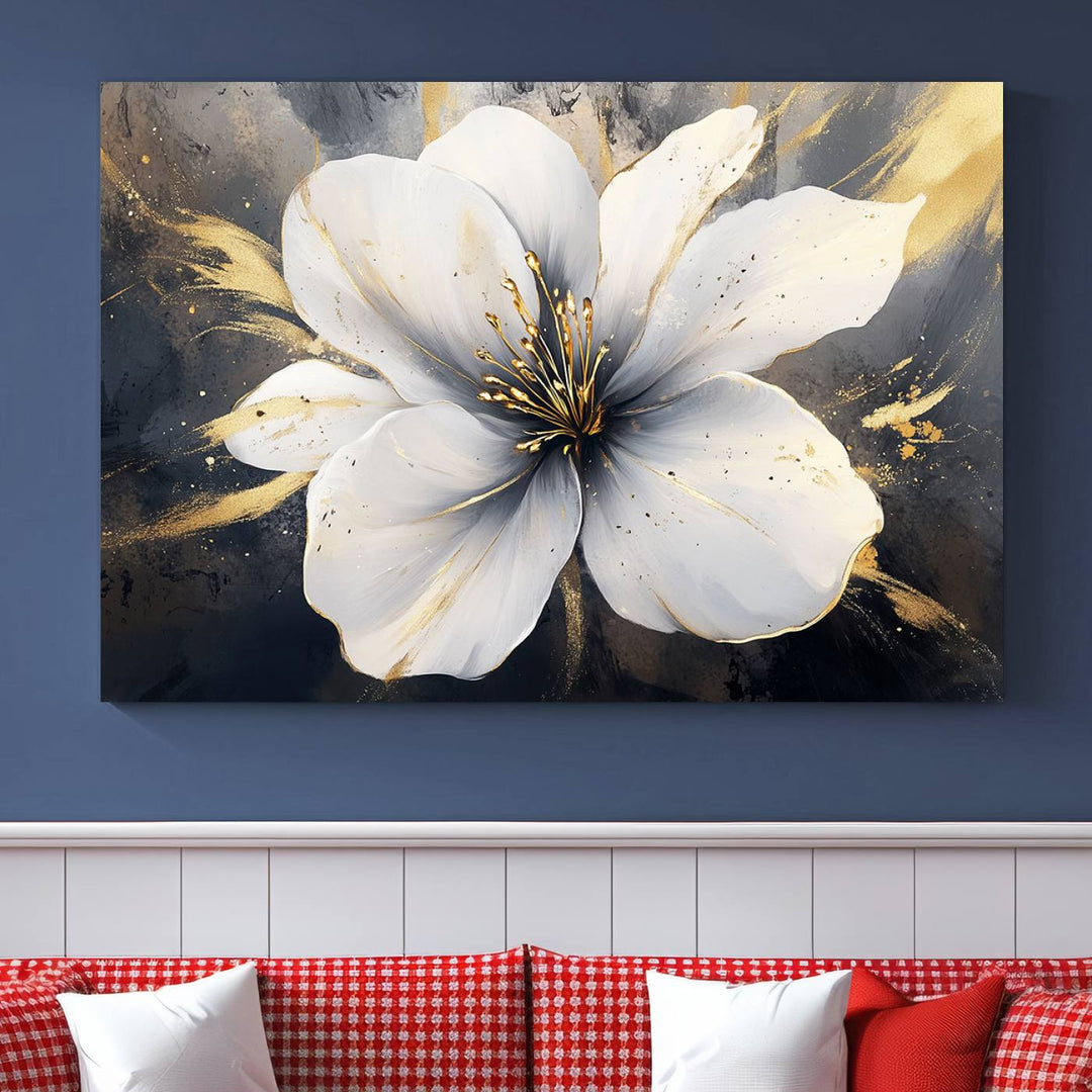 White Flower Wall Art | Canvas Print | Ready to Hang | Abstract Floral Wall Decor | Elegant Bloom Artwork | Framed for Living Room or Bedroom