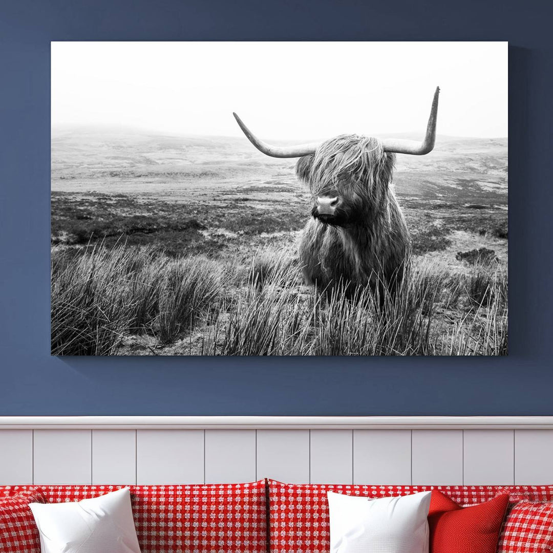 Scottish Highland Cow Wall Art | Black and White Canvas Print | Ready to Hang and Framed | Rustic Farmhouse Wall Decor for Living Room or Office