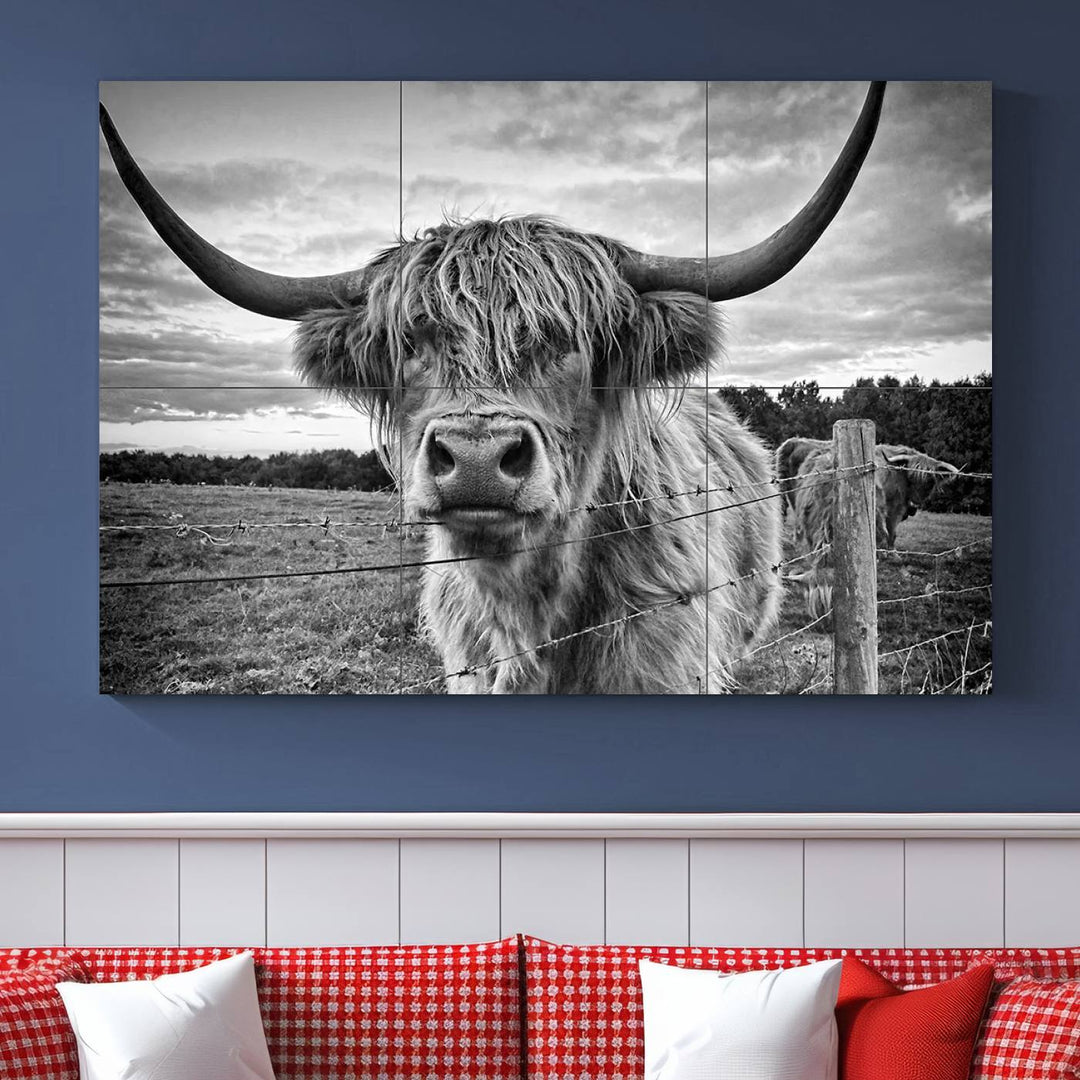 Scottish Highland Cow Wall Art Canvas Print | Ready to Hang and Framed | Rustic Farmhouse Decor