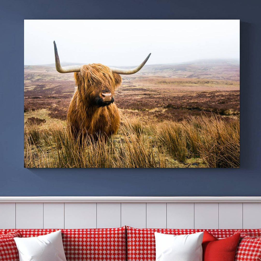 Scottish Highland Cow Wall Art Canvas Print | Ready to Hang and Framed | Rustic Farmhouse Decor for Living Room or Cabin