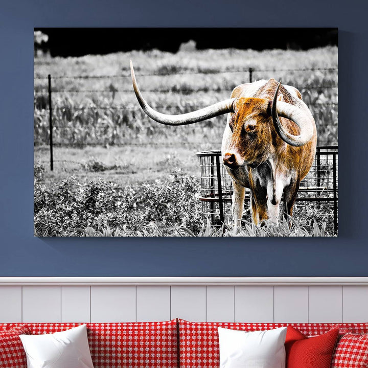 Majestic Texas Longhorn Cow Wall Art | Rustic Farmhouse Décor | Ready to Hang Canvas Print