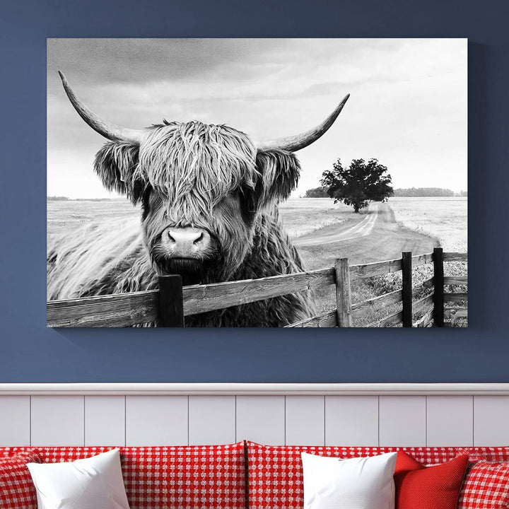 Scottish Highland Cow Wall Art | Rustic Farmhouse Décor | Black and White Ready to Hang Canvas Print