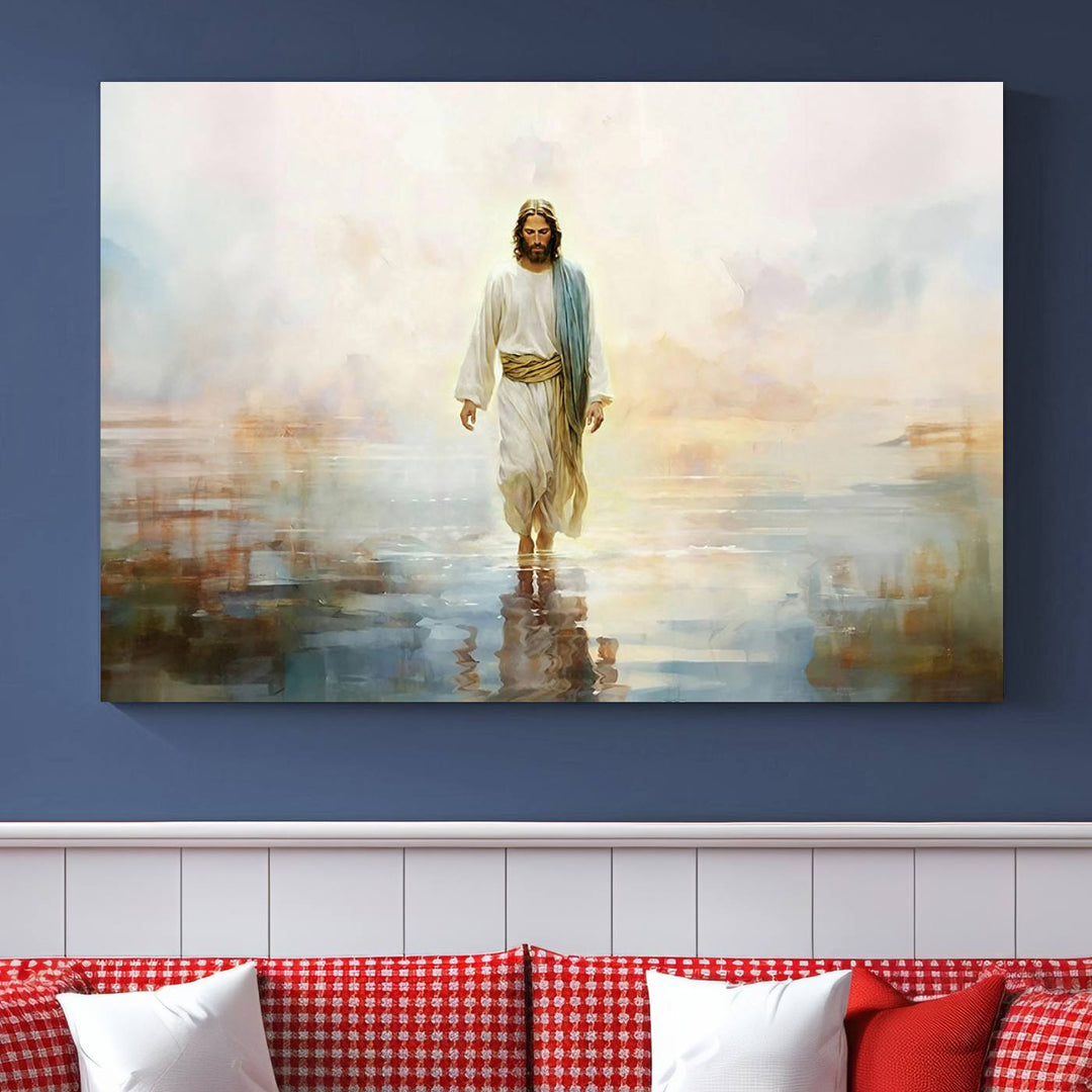 Framed Jesus Walking on Water Wall Art - 3-Panel Christian Canvas Prints, Religious Artwork, Ready to Hang Home Decor for Living Room, Office, or Church