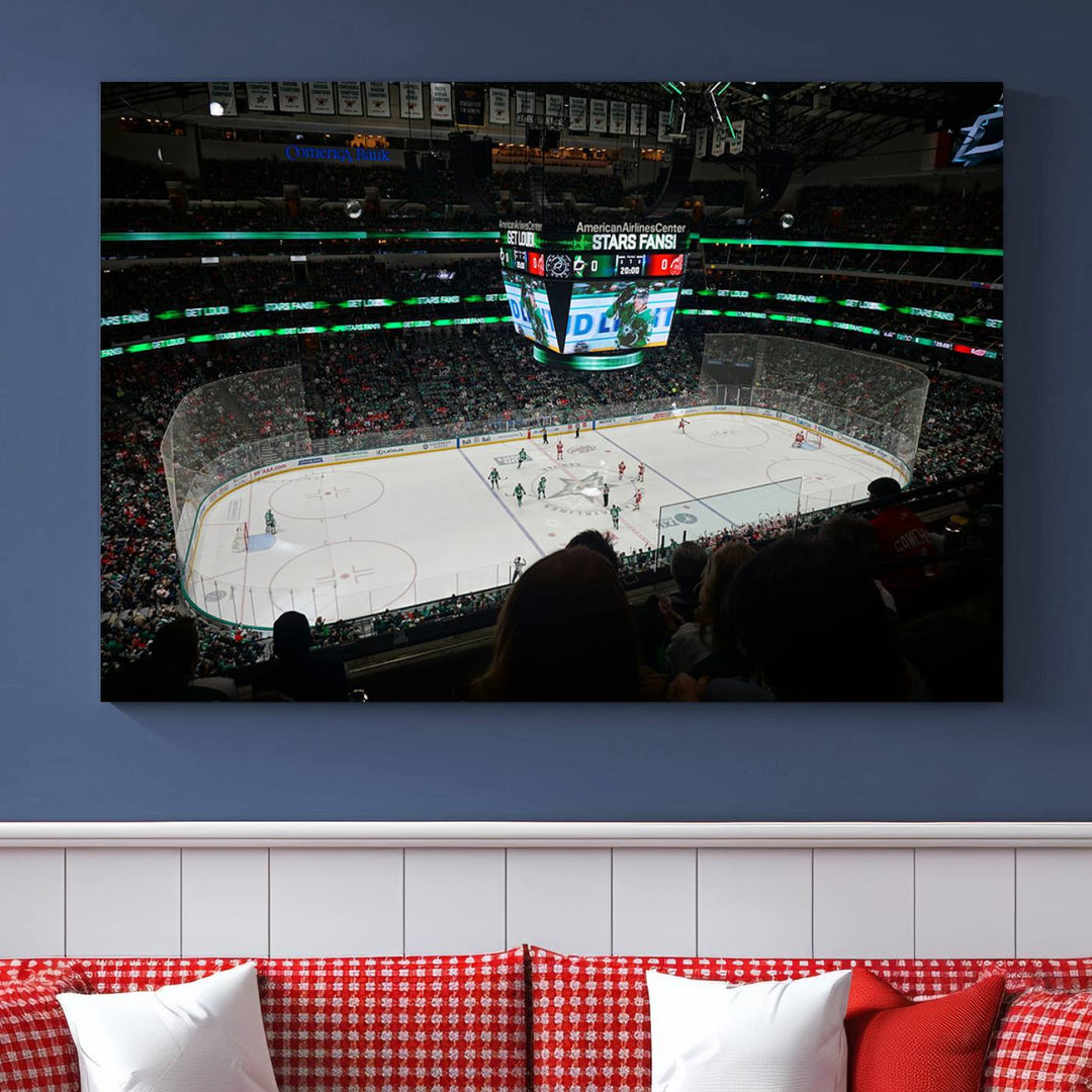 The Dallas Stars Wall Art Canvas Print is as clear as the scoreboard stats at a hockey game in a large arena with bright lights.