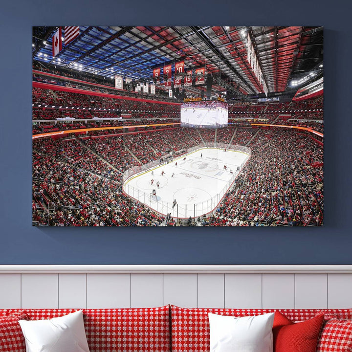 A Barton Malow canvas depicting Little Caesars Arena from above is beautifully printed in high resolution for your wall.