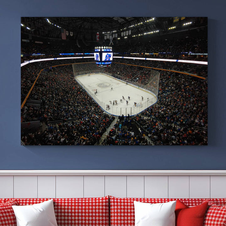 The nautical-themed room is enhanced by the KeyBank Center New York Buffalo Sabres Hockey Stadium Wall Art Canvas Print, a three-panel depiction of a bustling hockey arena with a gallery-quality finish. This canvas artwork, handmade in the USA, introduces an element of sporting elegance to your decor.