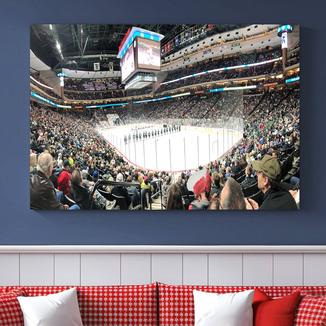 The Xcel Energy Center St Paul Minnesota Wild Ice Hockey Stadium Wall Art Canvas Print captures a packed hockey arena with spectators watching players on the ice. It is elegantly preserved on museum-quality canvas with vibrant details protected by a UV-protective coating.