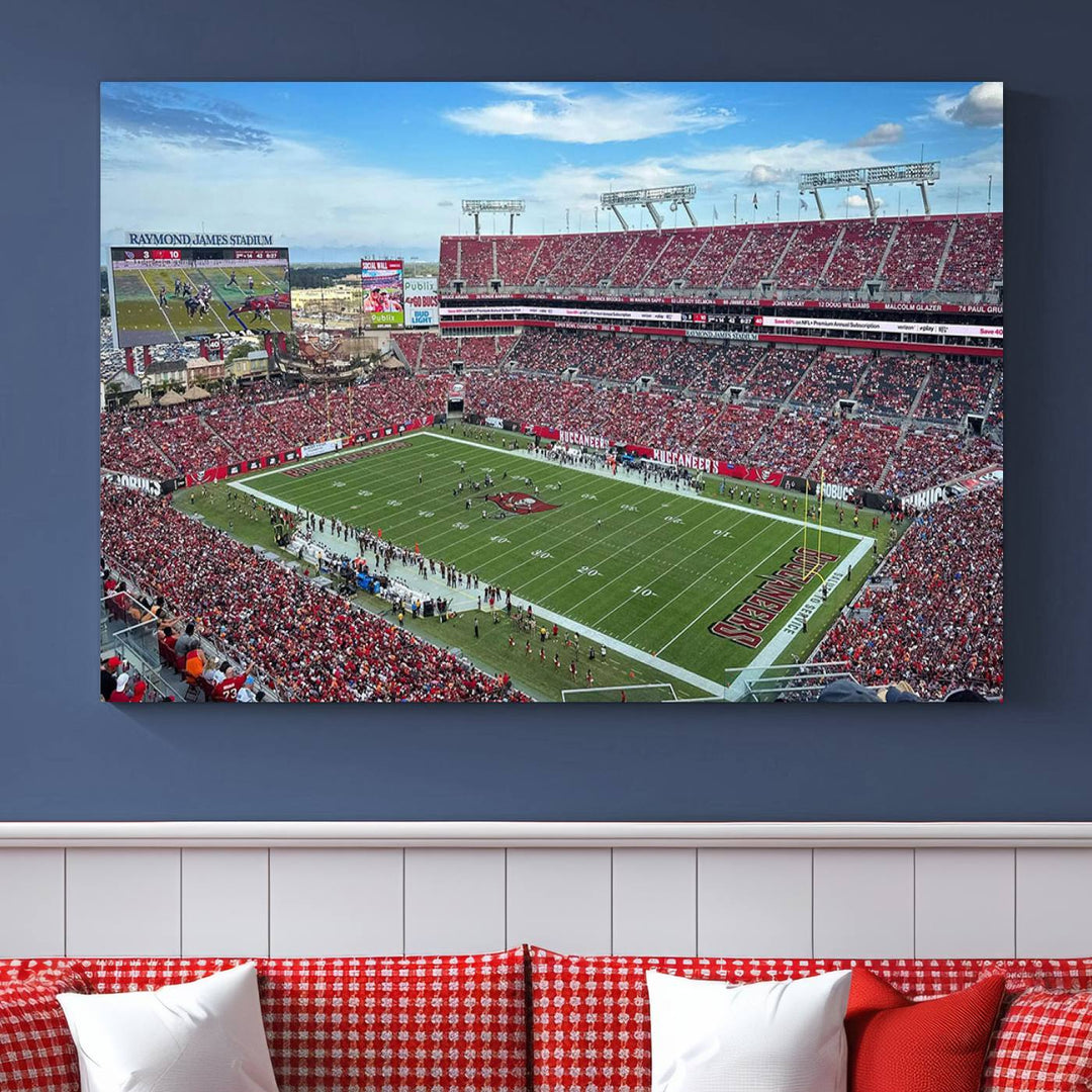 The Florida Tampa Raymond James Stadium Wall Art Canvas Print is featured above the cabinet.