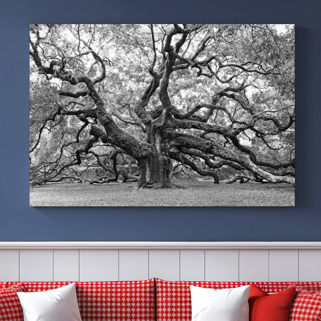 Black White Angel Oak Tree Wall Art - Timeless Nature-Inspired Canvas for Rustic, Modern, or Traditional Home Decor