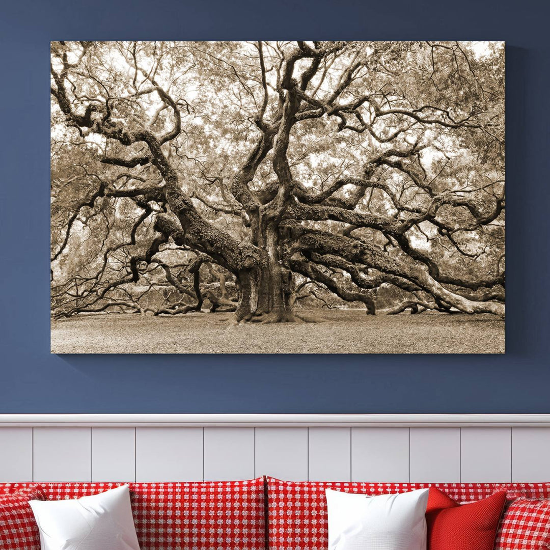 Sepia Framed Angel Oak Tree Wall Art - 3-Panel Canvas Prints, Large Green Nature Artwork, Ready to Hang Home Decor for Living Room, Office, Bedroom