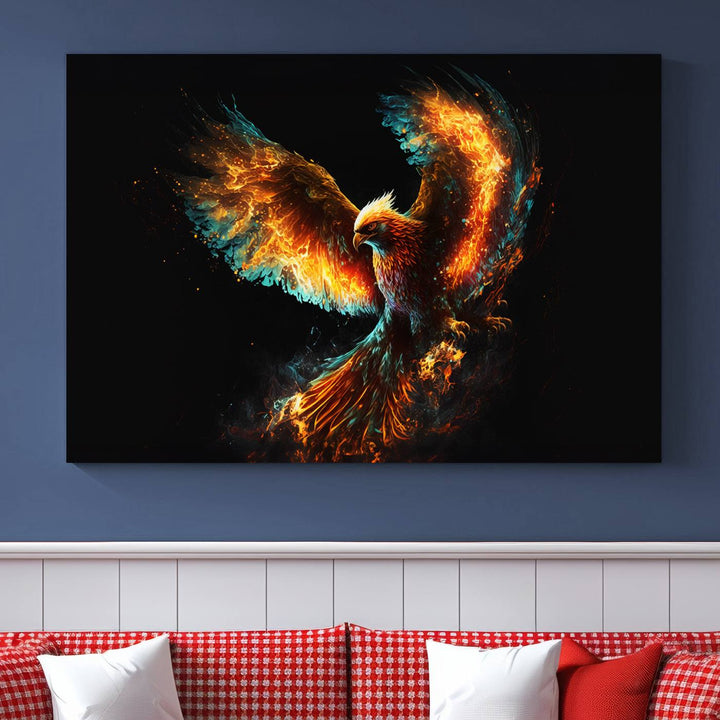 Fiery Phoenix Canvas Print | Ready to Hang Wall Art | Bold Fantasy Decor for Living Room | Majestic Bird Artwork