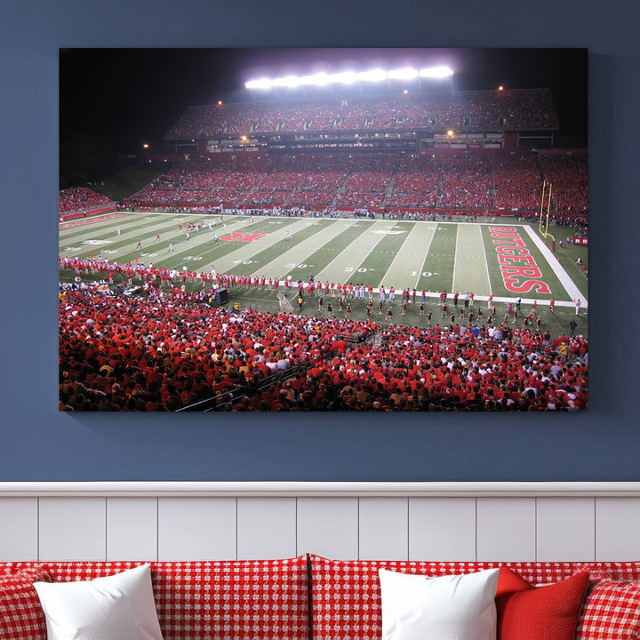 A bustling night game at SHI Stadium is captured as Rutgers Scarlet Knights wall art on a gallery-quality canvas print.