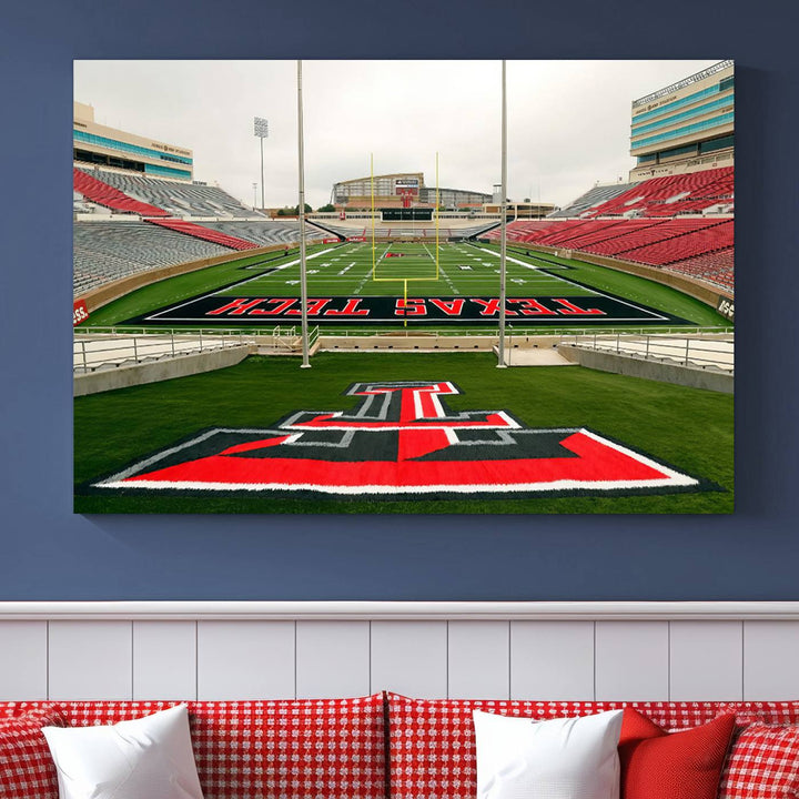 Gallery-quality print of Lubbock Jones AT&T Stadium featuring the Texas Tech Red Raiders field, highlighted by red and gray bleachers.