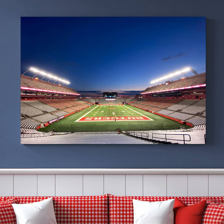 A large SHI Stadium at dusk, ideal for a Rutgers Scarlet Knights Football Team canvas print.