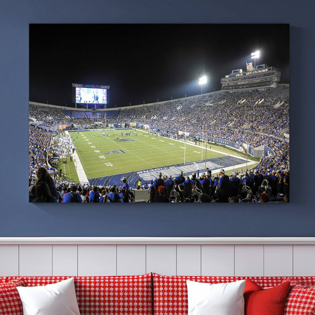 A vibrant depiction of Liberty Stadium at night, highlighting a Tigers football game on the large screen with stands filled with enthusiastic fans.