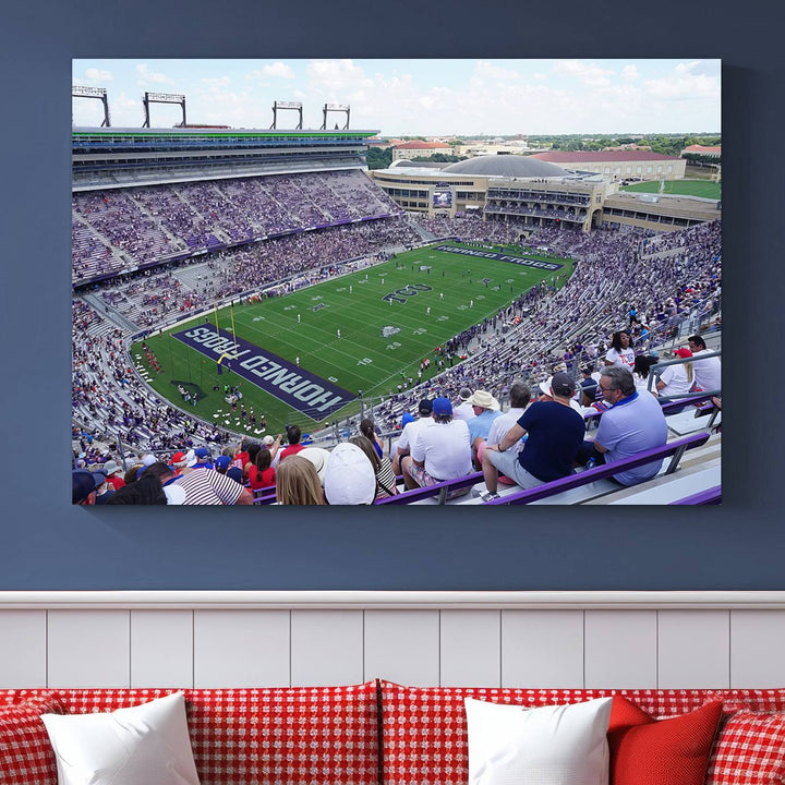 Amon G. Carter Stadium wall art canvas showcasing the TCU Horned Frogs and packed stands at Fort Worth.