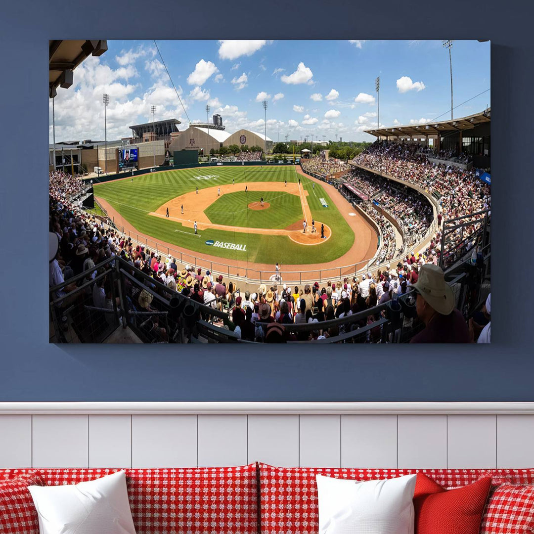 A baseball stadium under a blue sky, capturing the energy of The Texas A&M Aggies Athletics Kyle Field Wall Art.