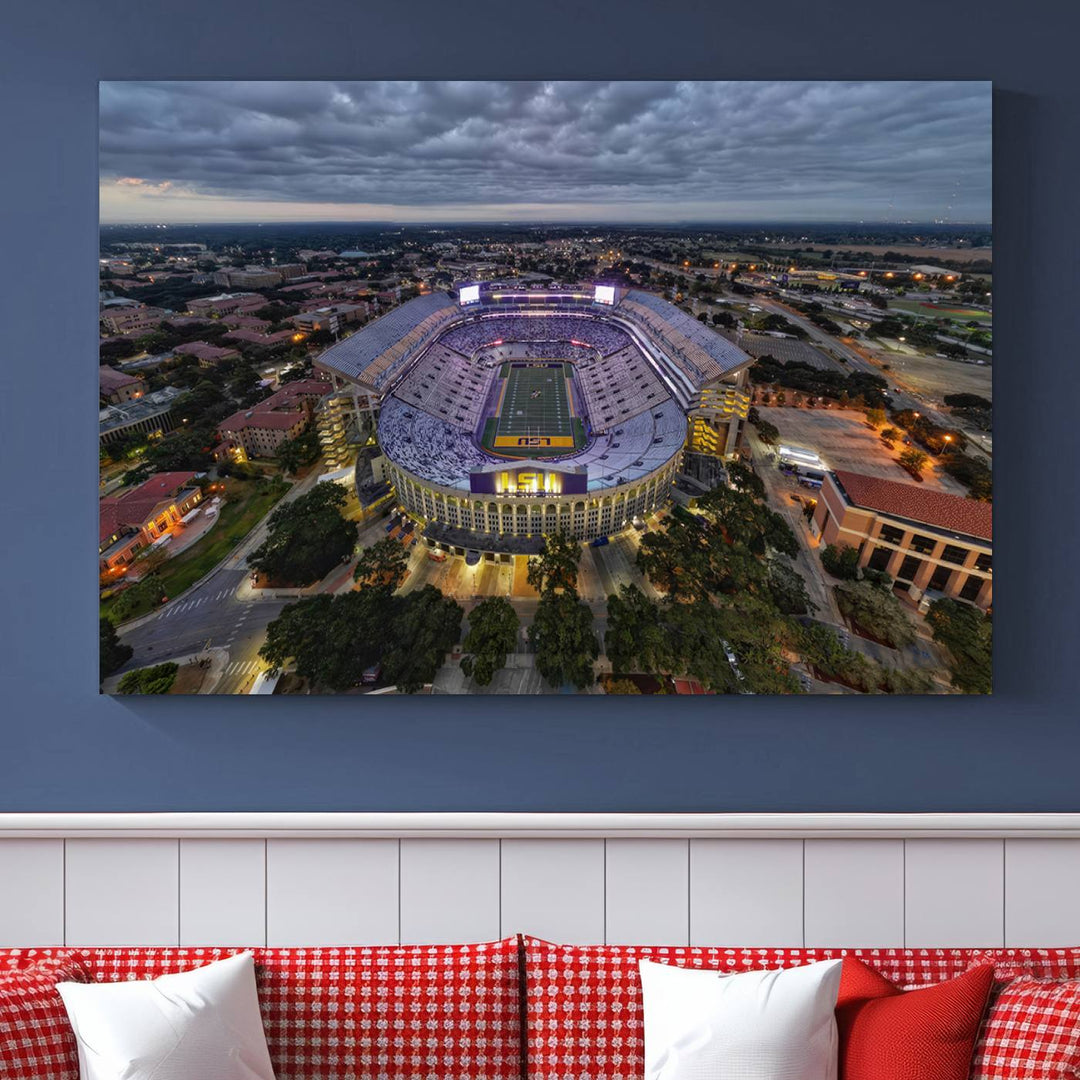 The LSU Tigers Football Team Baton Rouge Tiger Stadium Canvas is displayed prominently, capturing attention with its vivid depiction of the iconic stadium.