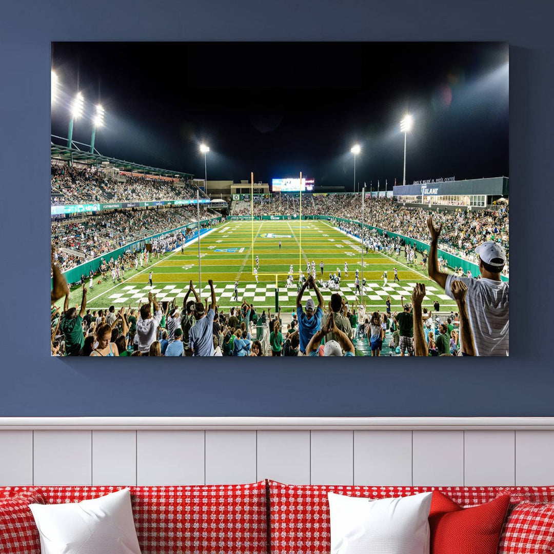 This vibrant wall art canvas print captures the excitement of fans cheering for the Tulane Green Wave Football Team under the lights of Yulman Stadium.