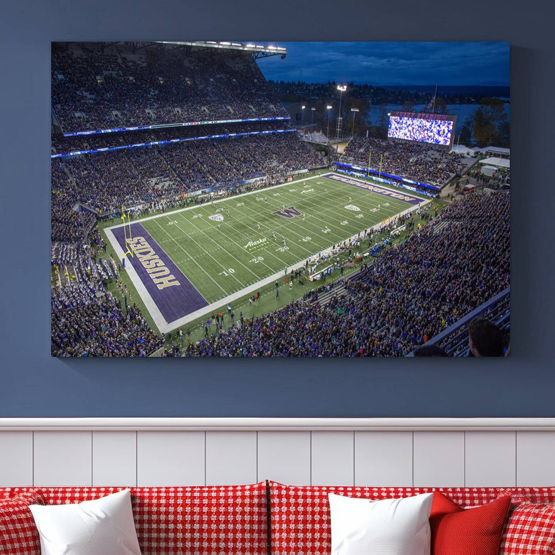 The University of Washington Huskies Football Team Print: Seattle Husky Stadium Wall Art Canvas captures a dusk stadium view.