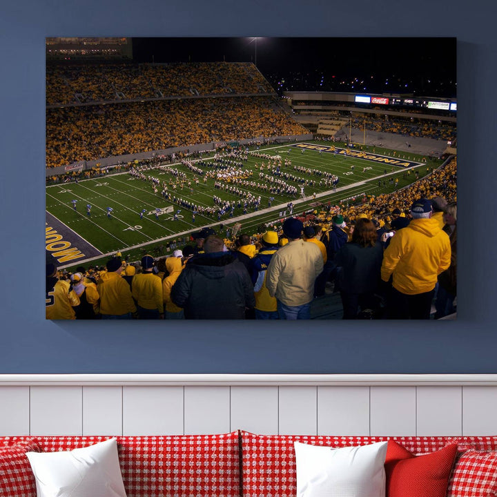 West Virginia Uni Mountaineers Football Team Print - Milan Puskar Stadium Canvas Print Wall Art, Morgantown Print