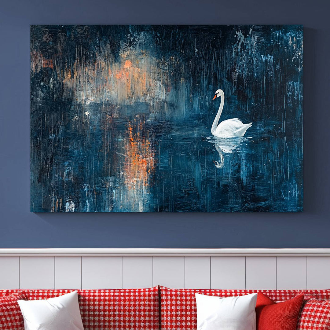 Abstract Swan Wall Art | Moody Blue and Orange Swan Painting on Canvas | Framed and Ready to Hang | Elegant and Modern Art for Living Room or Bedroom Decor