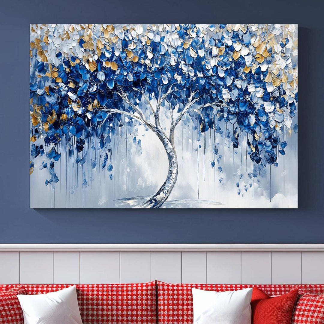 Elegant Blue and Gold Abstract Tree Wall Art | Textured Modern Tree of Life Painting | Framed Canvas Print | Ready to Hang for Dining Room Decor