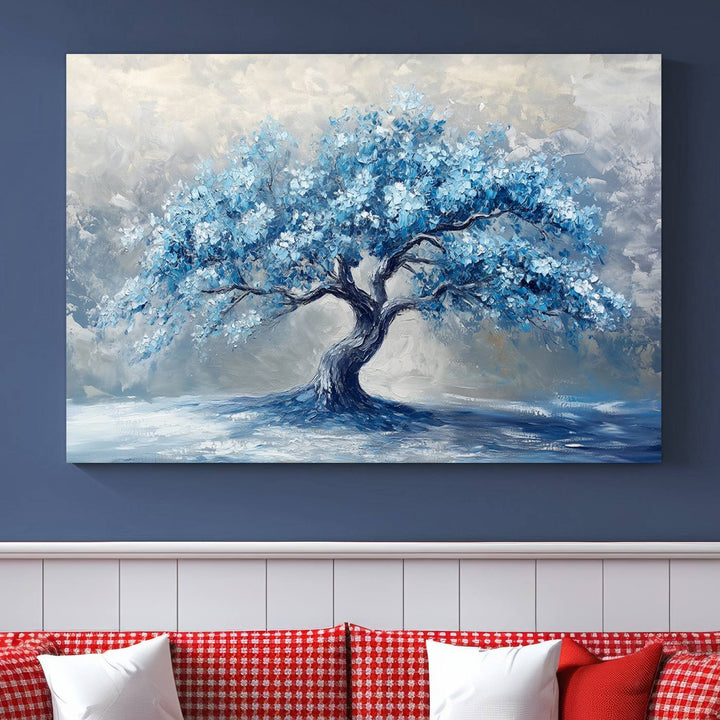 Serene Abstract Blue Tree Wall Art | Canvas Print of a Majestic Tree in Blue Hues | Perfect for Farmhouse, Coastal, and Modern Decor