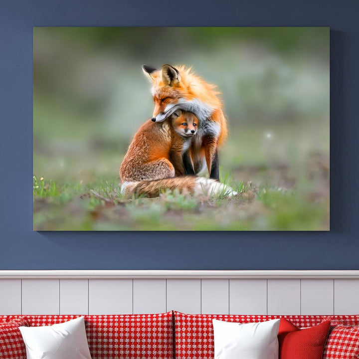 Heartwarming Fox and Baby Cub Wall Art | Ready to Hang Canvas Print of Foxes in Nature | Perfect for Animal Lovers, Rustic Decor, and Cabin Wall Art