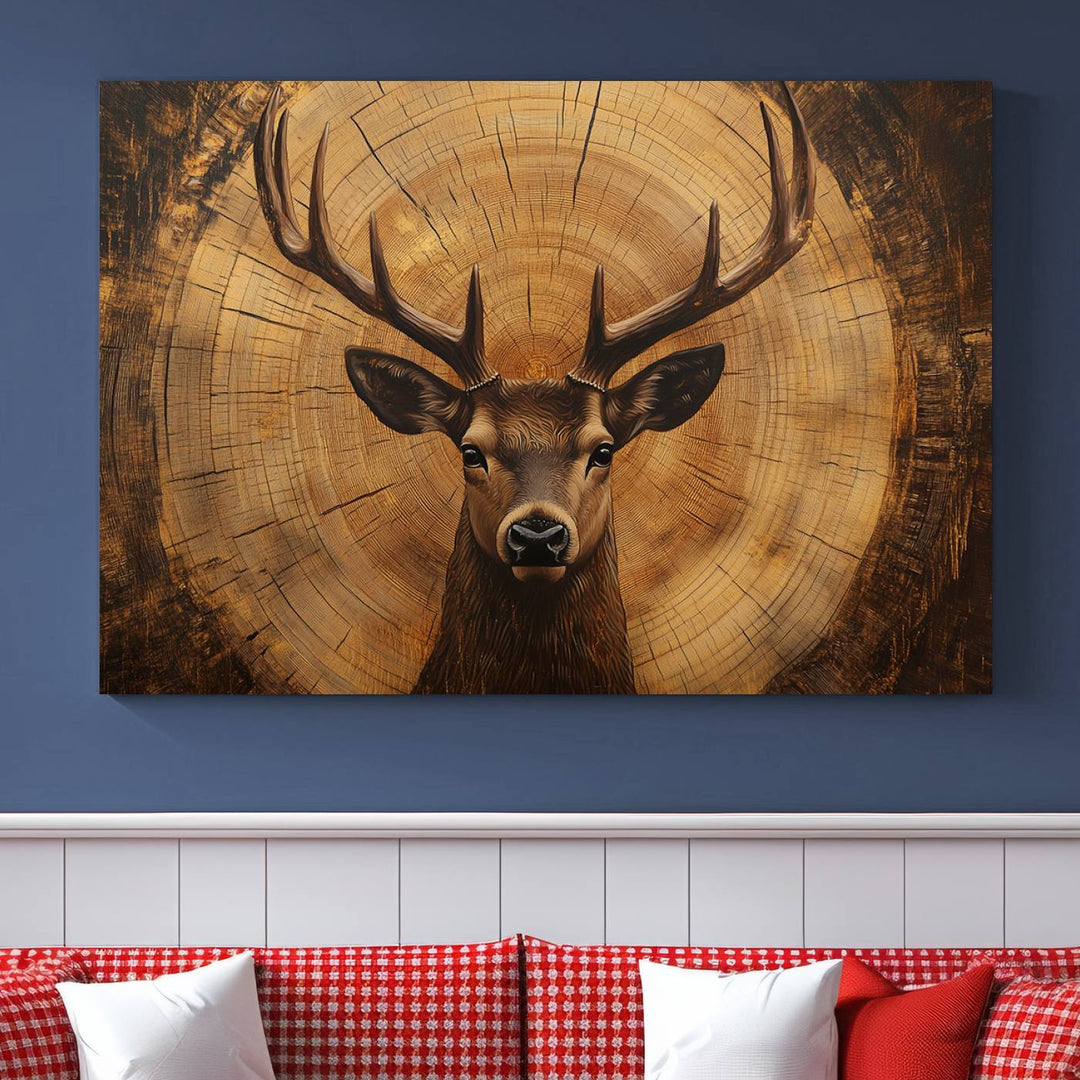 Deer Wall Art Canvas Print | Ready to Hang Canvas Print of a Stag with Rustic Tree Rings | Perfect for Farmhouse Wall Decor, Cabin Wall Art