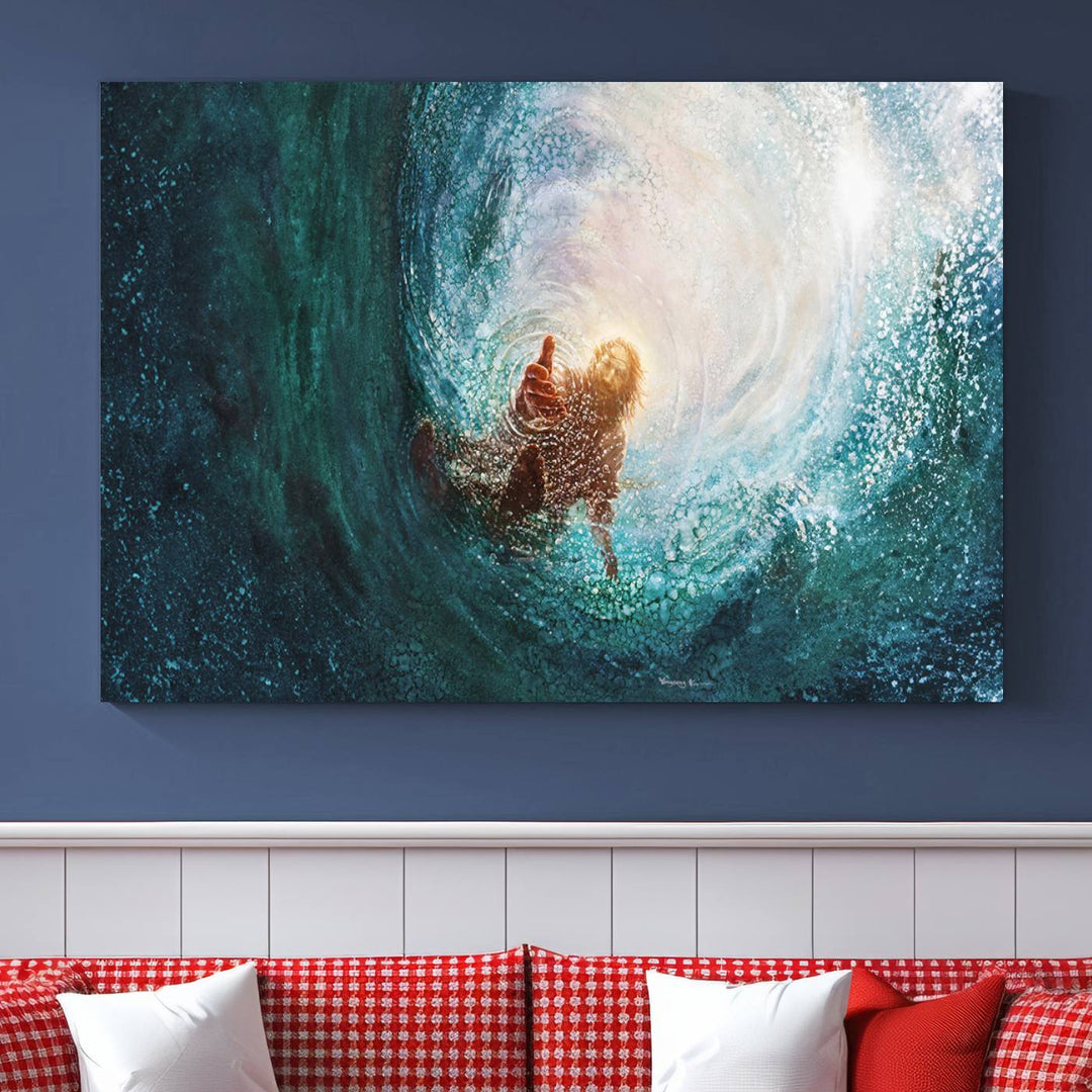 Powerful Jesus Canvas Print - Hand of Salvation, Inspirational Wall Art - Framed, Ready to Hang for Home or Religious Spaces