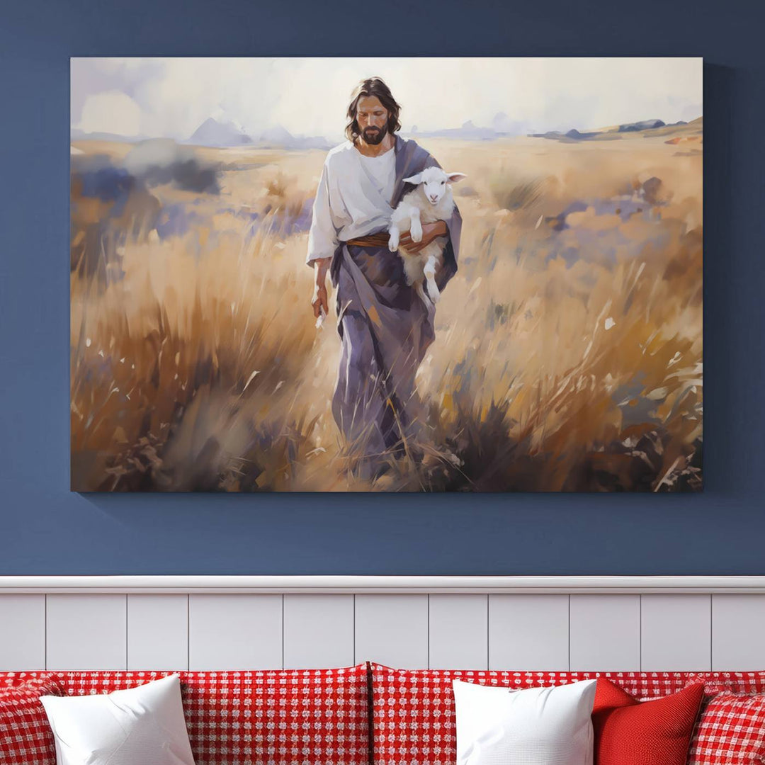 Jesus the Good Shepherd Wall Art Canvas Print - Lost Lamb  Print for Prayer Room Decor