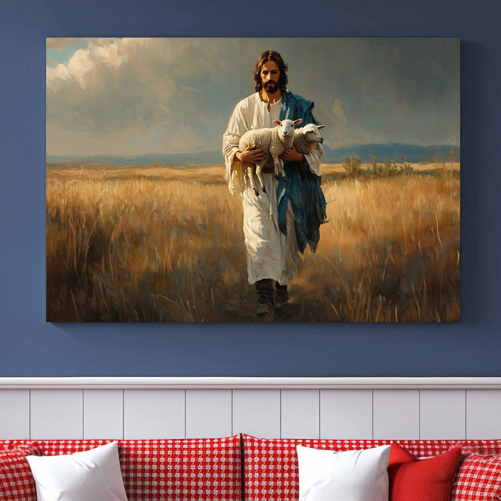 Jesus Shepherd Wall Art | Ready to Hang Triptych Canvas of Jesus Holding a Lamb in a Field | Inspirational Christian Decor for Home