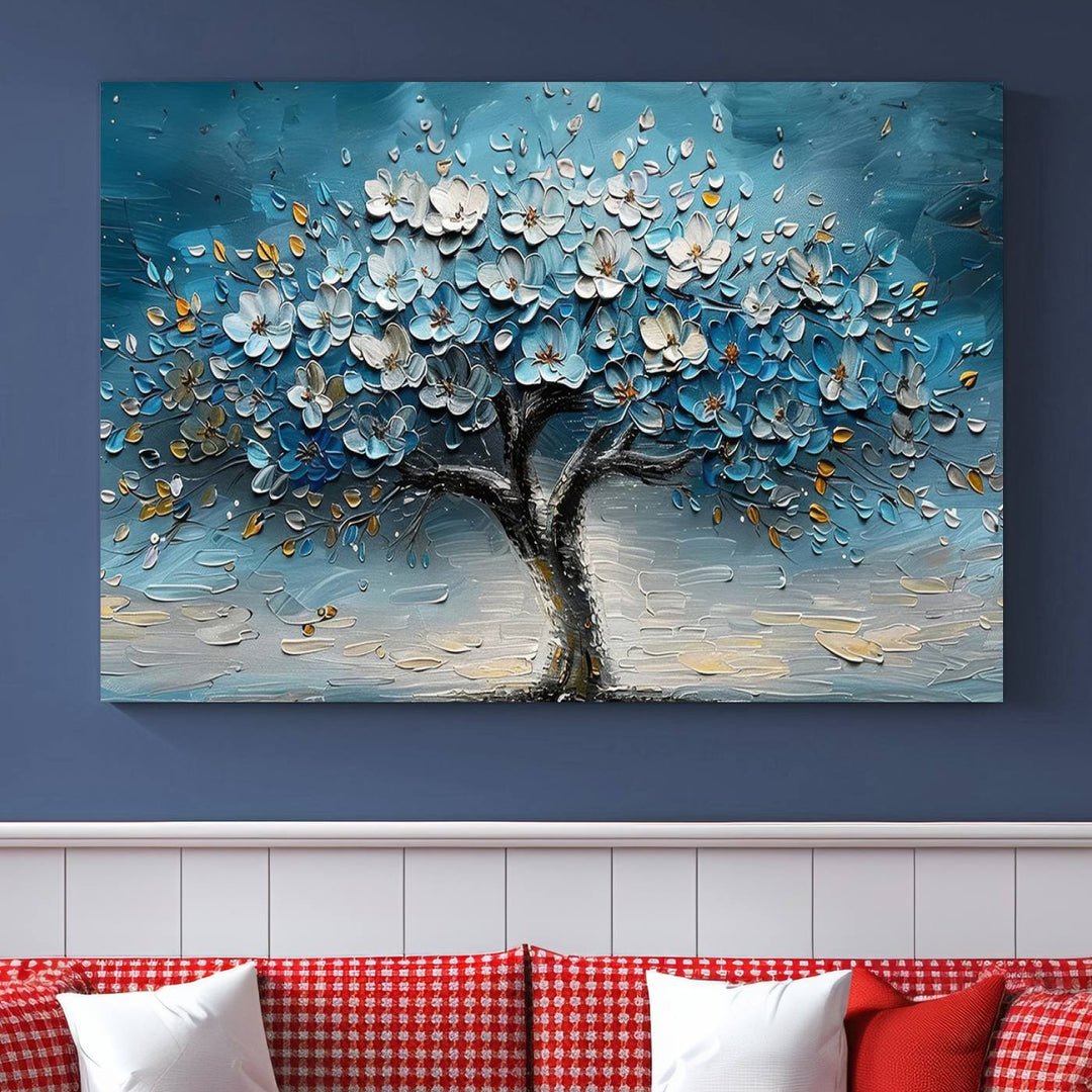 Abstract Blooming Tree Wall Art Print features blue, white, and gold textures on museum-quality canvas, perfect for modern decor.