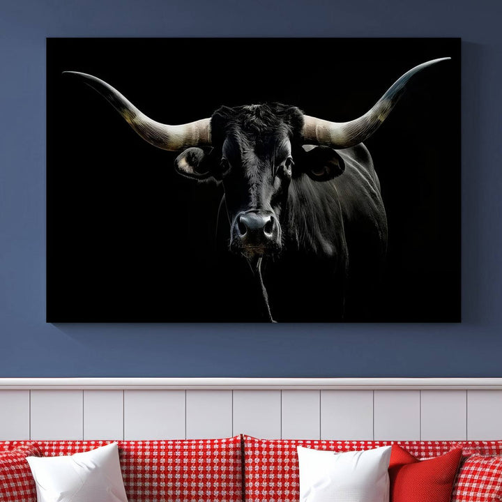 Texas Black Longhorn Bull Wall Art Canvas Print - Western Texas Cattle Rustic Decor Print - Longhorn Cow Wall Art