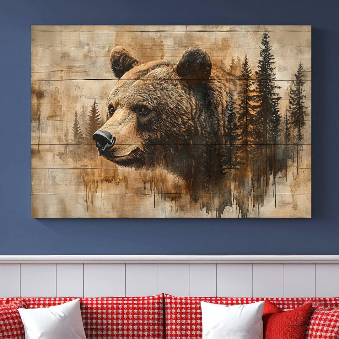 Abstract Rustic Grizzly Bear Wall Art Canvas Print - Woodland Wildlife Forest Print for Farmhouse Decor