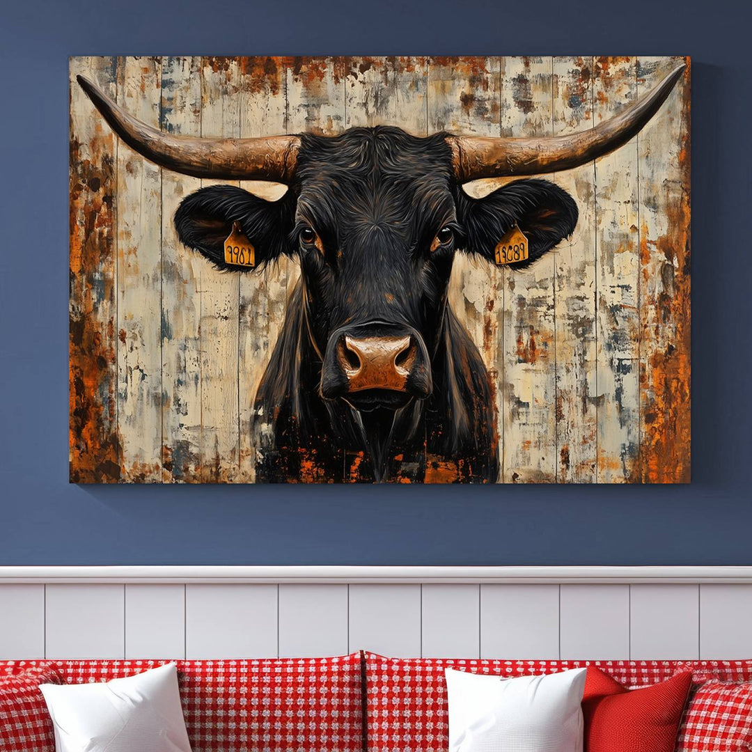 Abstract Cow Longhorn Bull Wall Art Canvas Print - Rustic Texas Western Cattle Artwork