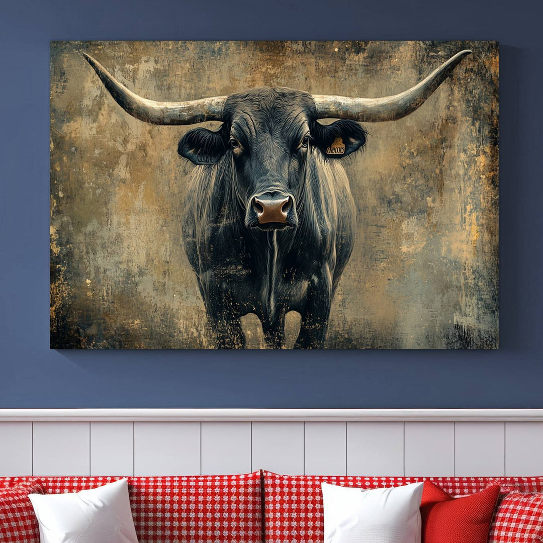 Abstract Cow Longhorn Bull Wall Art Canvas Print - Rustic Texas Western Cattle Artwork