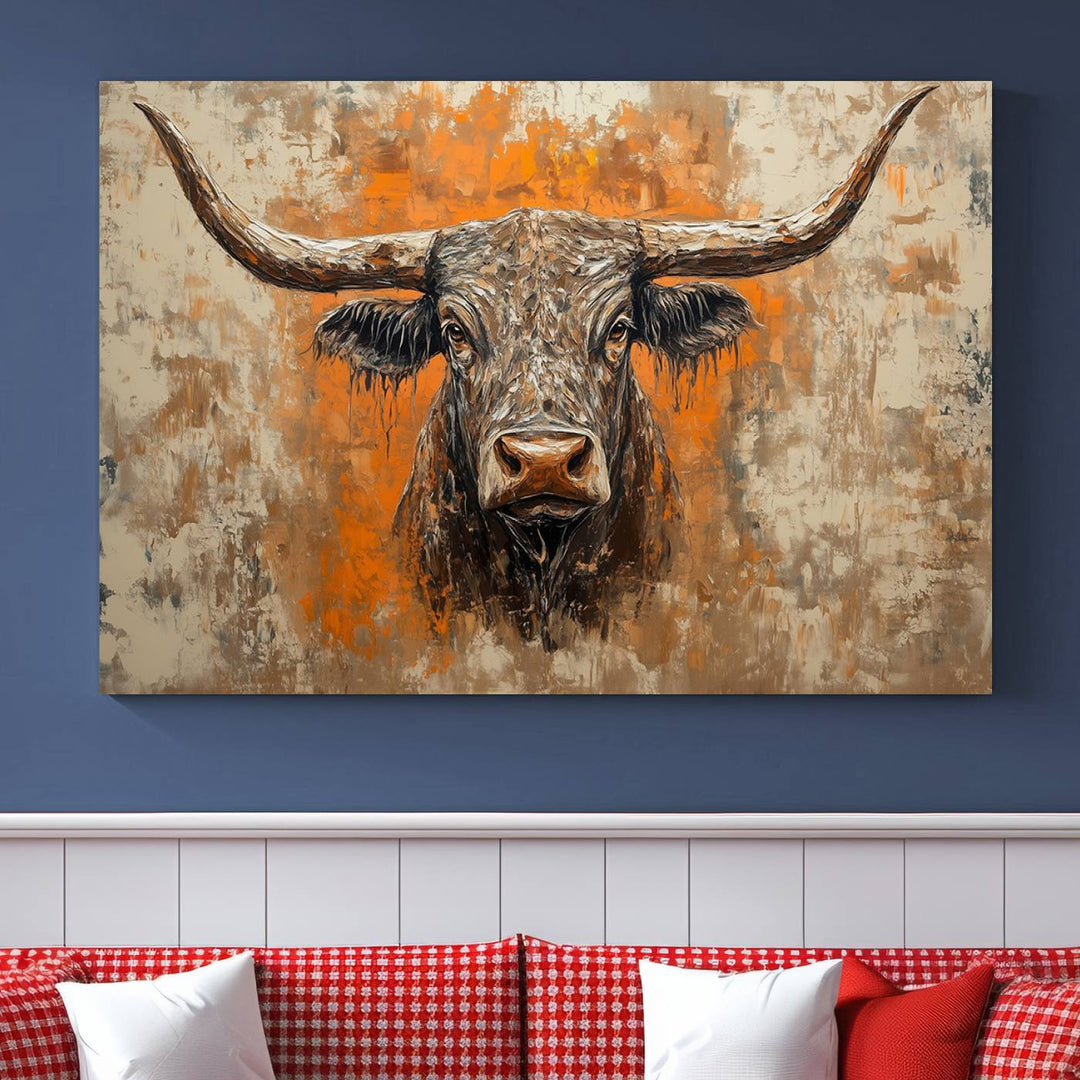 Abstract Cow Longhorn Bull Wall Art Canvas Print - Rustic Texas Western Cattle Artwork