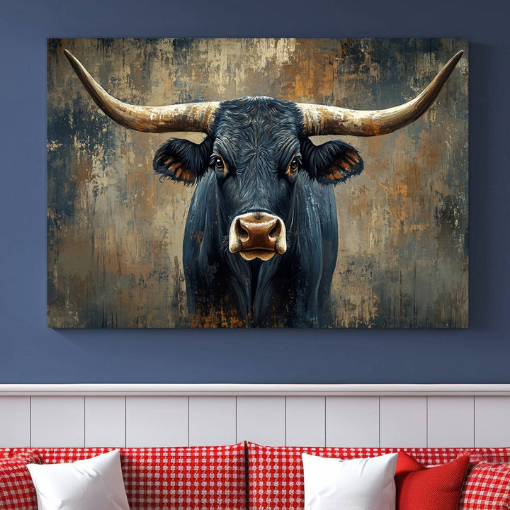 Abstract Cow Longhorn Bull Wall Art Canvas Print - Rustic Texas Western Cattle Artwork