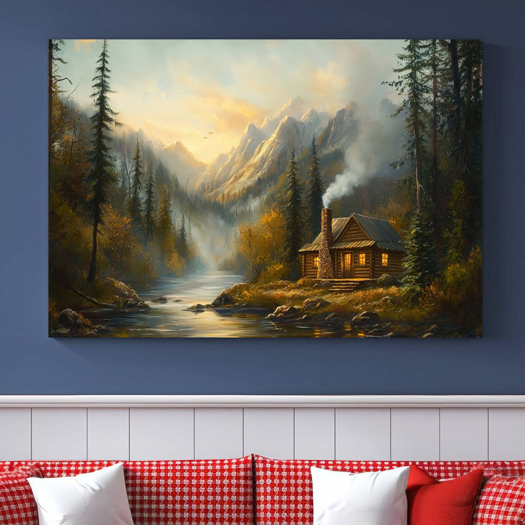 Wood Cabin Retreat Mountain at Sunset Wall Art Print - Serene Forest and River Landscape Wall Art Canvas Print